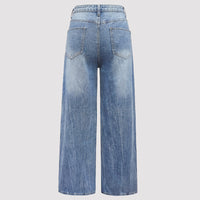 Women Clothing Autumn Magic Heavy Industry Metal Rivet White Pearl Straight Leg Denim