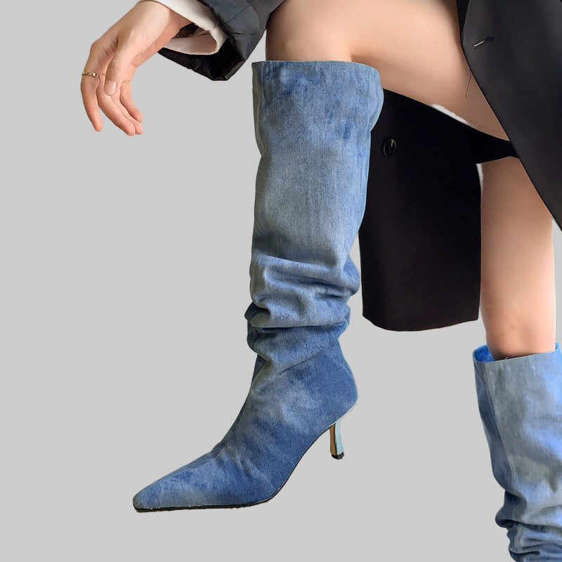 High Heel Shoes Pointed Toe Pleated Boots Big Tube Denim Blue