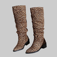 Fashion Square Toe Chunky Heel High Heel Leopard Print Boots - Modestly Vogue 