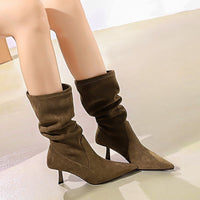 Middle Boots Elastic Pleated Pile Style All-Match Pointed Toe Boot