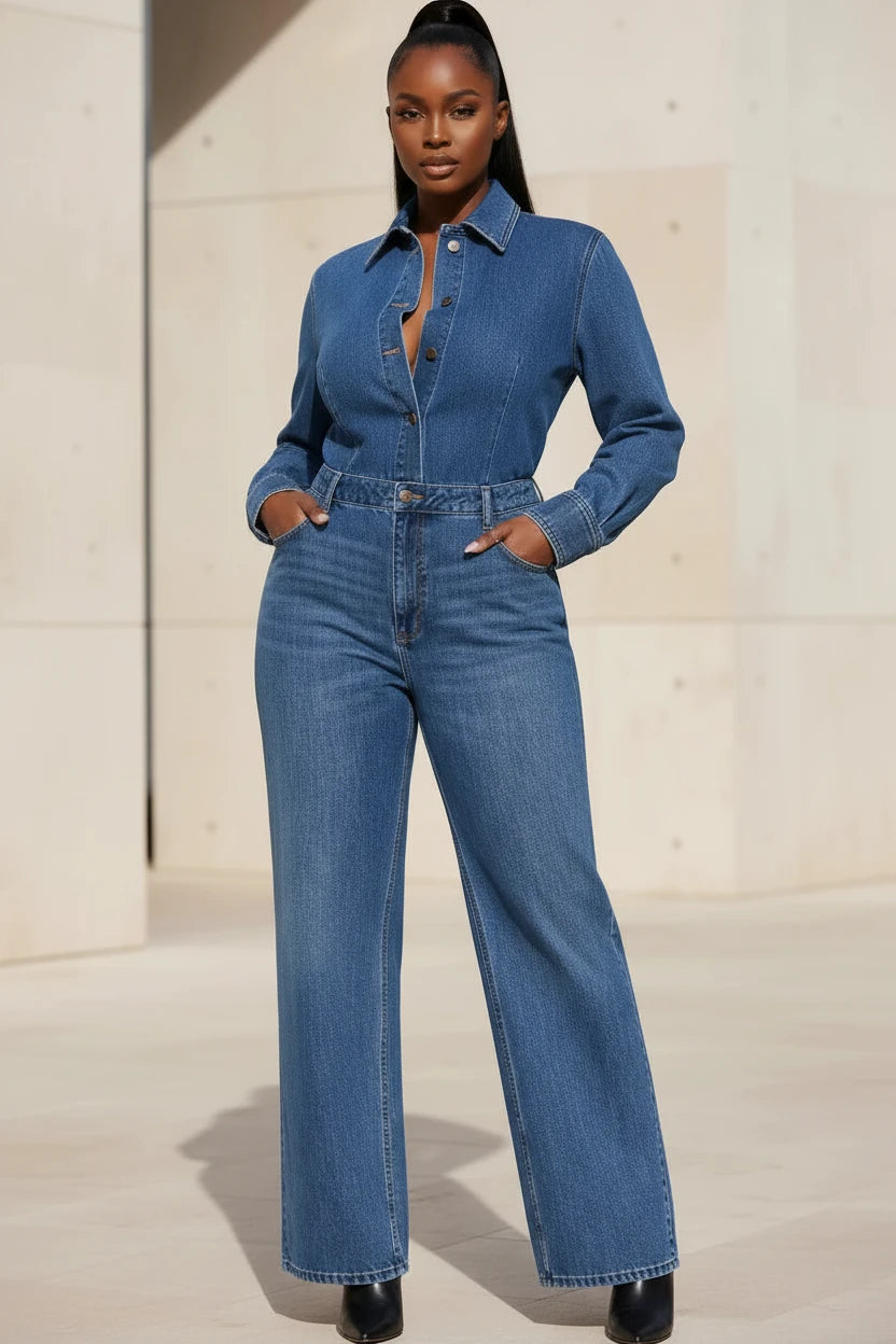 Long Sleeve Denim Jumpsuit – Women’s Casual One-Piece - Modestly Vogue 