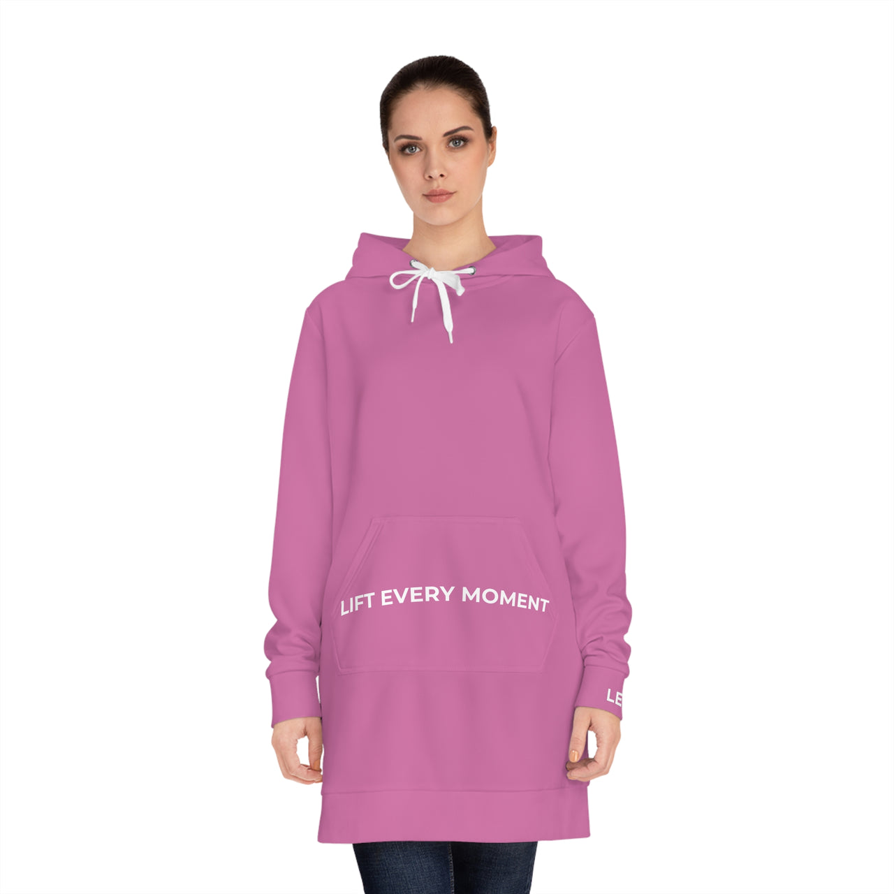 Modest in Motion Hoodie Dress — 'Lift Every Moment' Cozy Women's Pullover Dress Pink