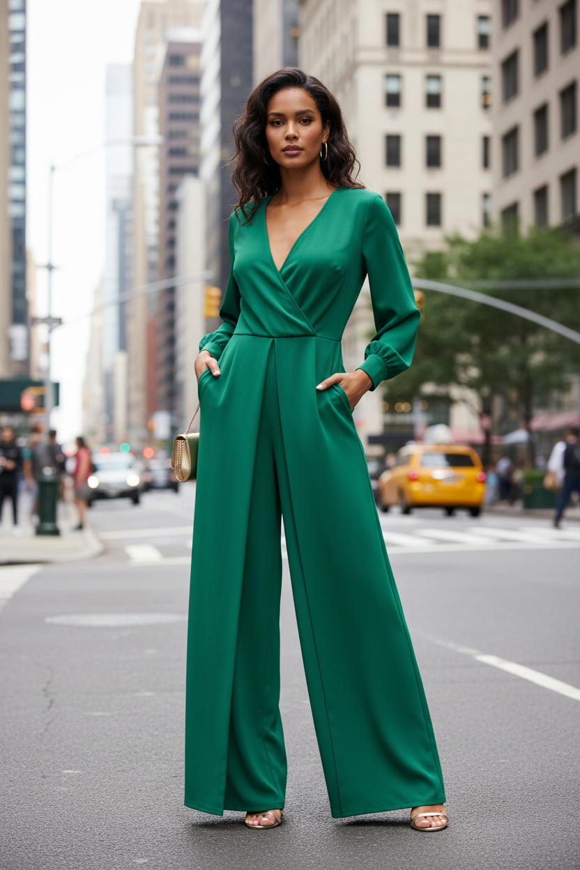 Women's Summer Solid V-Neck Long Sleeve Jumpsuit - Modestly Vogue 
