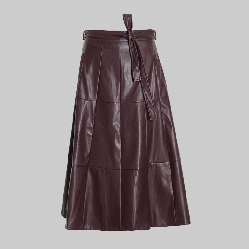 High waist long A-line PU leather skirt - Modestly Vogue 