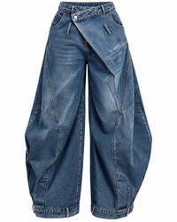 Washed Distressed Pocket Wide Loose Jeans Women