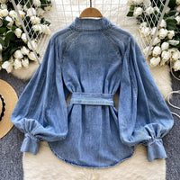 Retro Lace-up Waist-controlled Stand-up Collar Puff Sleeve Denim Top - Modestly Vogue 