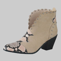 Rivet Color-Block Snake Print Ankle Boots | Block Heel Style - Modestly Vogue 