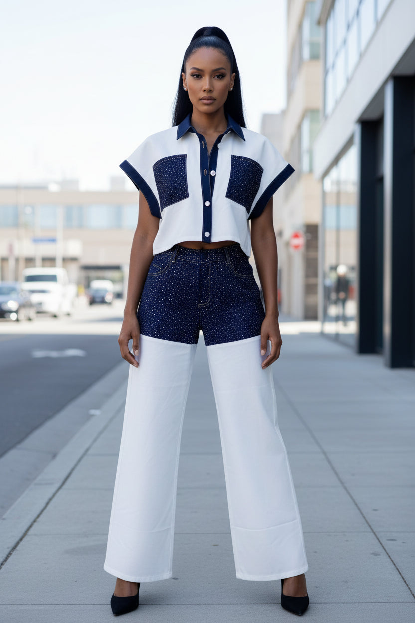 Contrast Panel Denim Two-Piece Set - Modestly Vogue 