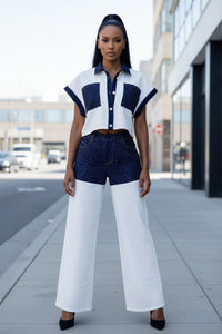 Contrast Panel Denim Two-Piece Set - Modestly Vogue 