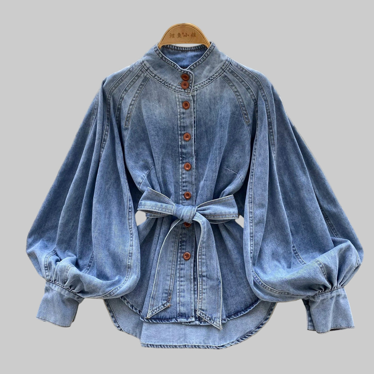 Retro Lace-up Waist-controlled Stand-up Collar Puff Sleeve Denim Top - Modestly Vogue 