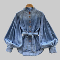 Retro Lace-up Waist-controlled Stand-up Collar Puff Sleeve Denim Top - Modestly Vogue 