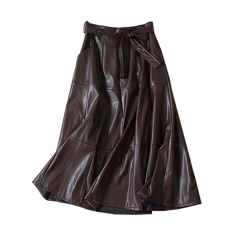 High waist long A-line PU leather skirt - Modestly Vogue 