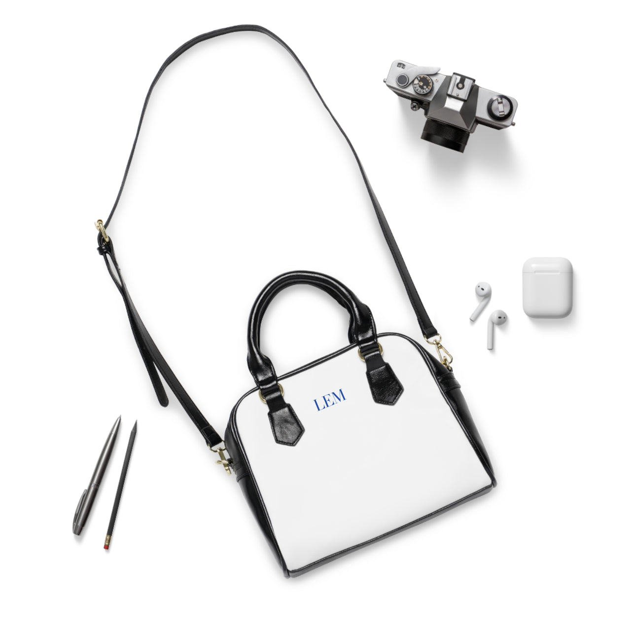 LEM Cobalt Blue Signature Satchel Shoulder Handbag — Classic Black & White Tote - Modestly Vogue 