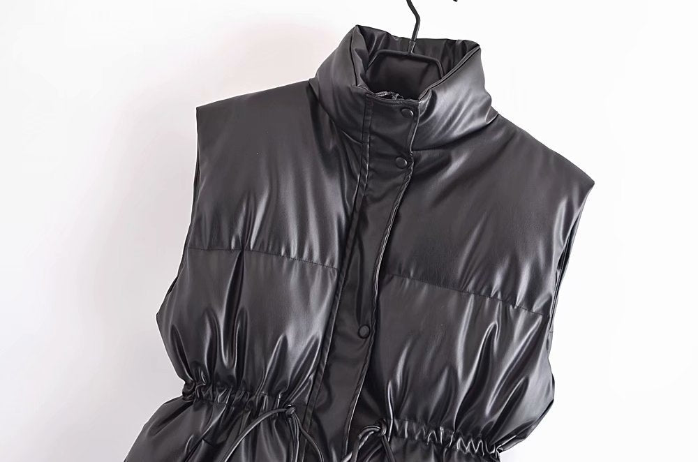 Drawstring Waist Faux Leather Vest Cotton Jacket - Modestly Vogue 