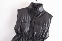 Drawstring Waist Faux Leather Vest Cotton Jacket - Modestly Vogue 