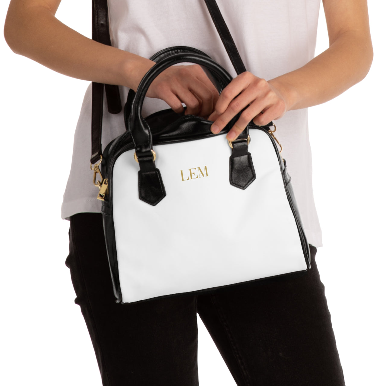 LEM Gold Signature Satchel Shoulder Handbag — Classic Black & White Tote - Modestly Vogue 