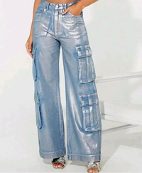 Blue Women Clothing Silver Craft Stretch Denim Multi Pocket Overalls - Modestly Vogue 