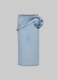 Blue Spring Summer Modern Urban Women Power Sense Three  Pleated Rose Washed Denim Pencil Skirt