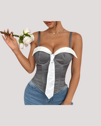 Neutral Low-Cut Contrast Boning Corset Top with Tie Stitch Detailing - Modestly Vogue 