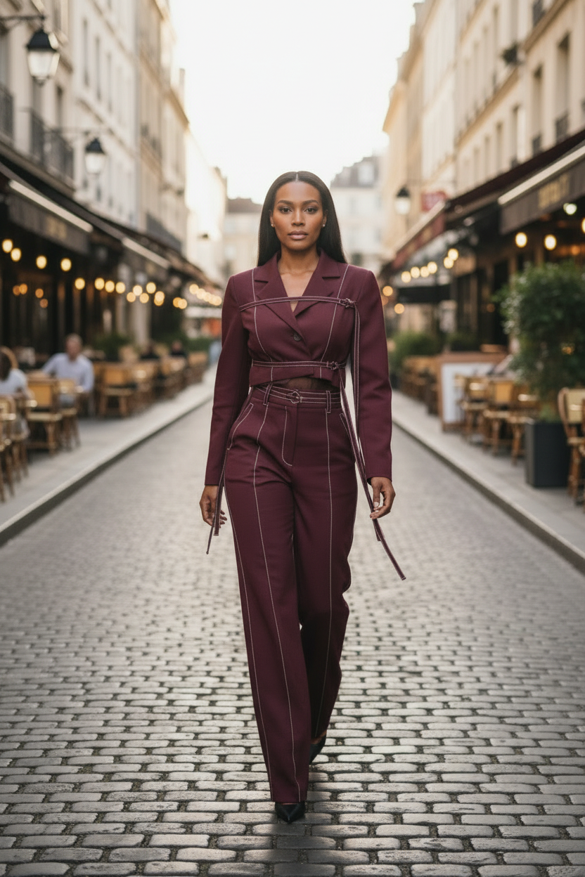 Chic Burgundy Two-Piece Set | Women's Notched Collar Long Style - Modestly Vogue 