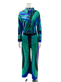 Blue and Green Multicolored Pucci Print Two Piece Pant Set - Modestly Vogue 