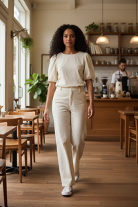 Women Clothing Retro Puff Sleeve Embroidered Shirt High Waist Wide Leg Pants - Modestly Vogue 