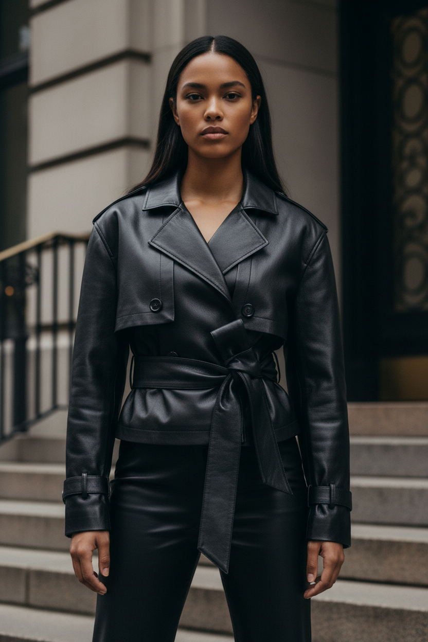 Leather Belted Trench Jacket - Modestly Vogue 