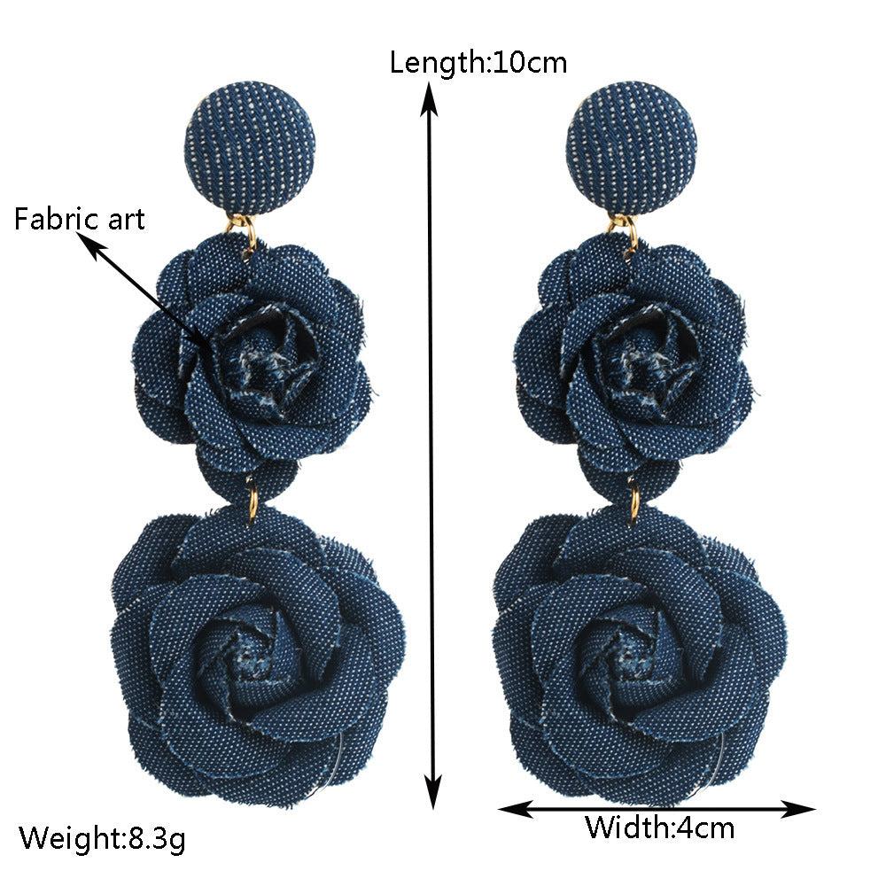 Denim Fabric Flower Earrings | Multi-Layer Long Design - Modestly Vogue 