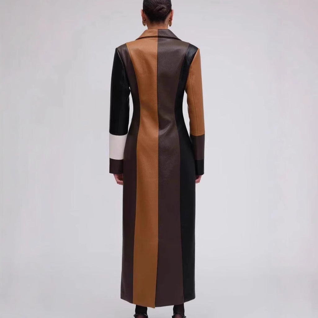 New Patchwork Retro Fashion Autumn And Winter V-neck Women's Leather Dress