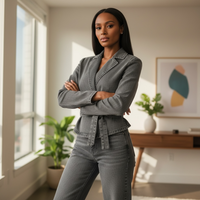Grey Washed Denim Belted Blazer Two-Piece Set – Casual Streetwear - Modestly Vogue 