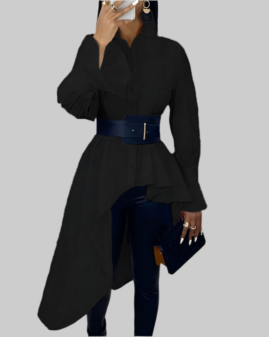 Black Cotton Polyester Asymmetrical Cut Shirt - Belt Included a Fit Black - Modestly Vogue 