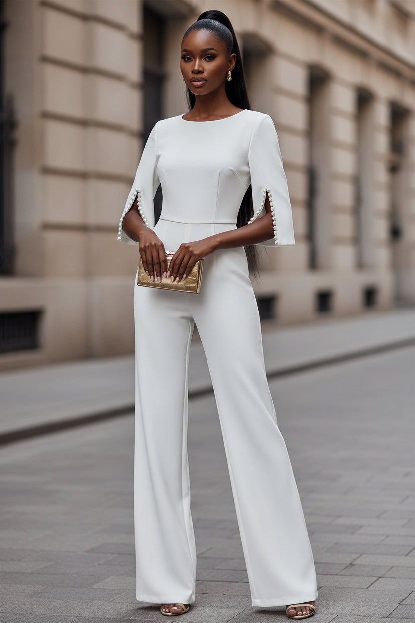 Women's Elegant Round Neck Jumpsuit - Mid-Sleeve With Side Slit Cuffs & Pearl Accents, Back Zipper Design For Casual To Formal Events - Modestly Vogue 