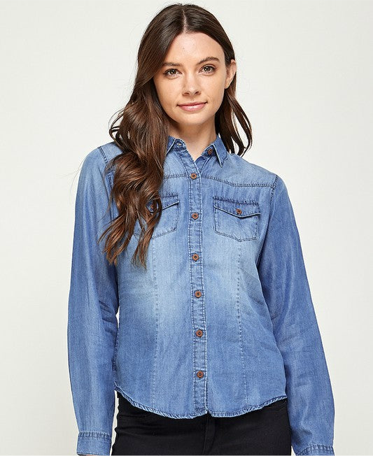 TENCEL TOP DENIM BLOUSE - Modestly Vogue 