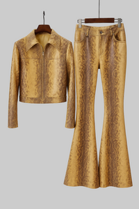 Snakeskin Leather Jacket & Flared Pants | Bold Co-Ord Set - Modestly Vogue 