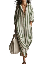 Striped Lapel-collar Dress With Side Slits And Pockets - Modestly Vogue 