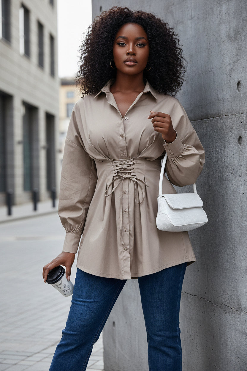 Women's New Waist Strap Slim Fit Sexy Lapel Shirt Dress - Modestly Vogue 