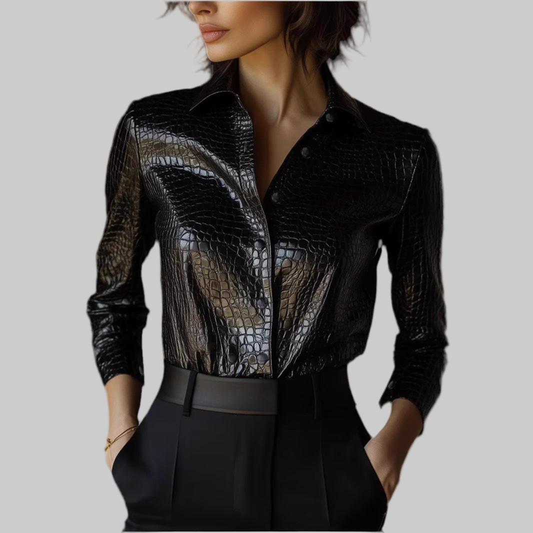 Women Clothing Long Sleeve Shirt Glossy Serpentine Faux Leather Top Autumn Winter - Modestly Vogue 