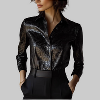 Women Clothing Long Sleeve Shirt Glossy Serpentine Faux Leather Top Autumn Winter - Modestly Vogue 
