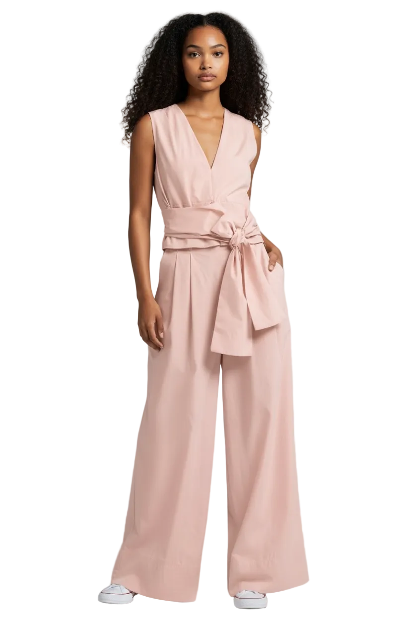 Poplin V Neck Top and High Waist Wide Leg Pants Set for Women - Modestly Vogue 