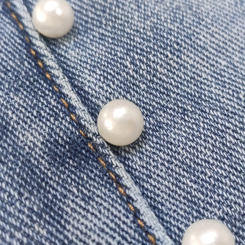 Women Clothing Autumn Magic Heavy Industry Metal Rivet White Pearl Straight Leg Denim
