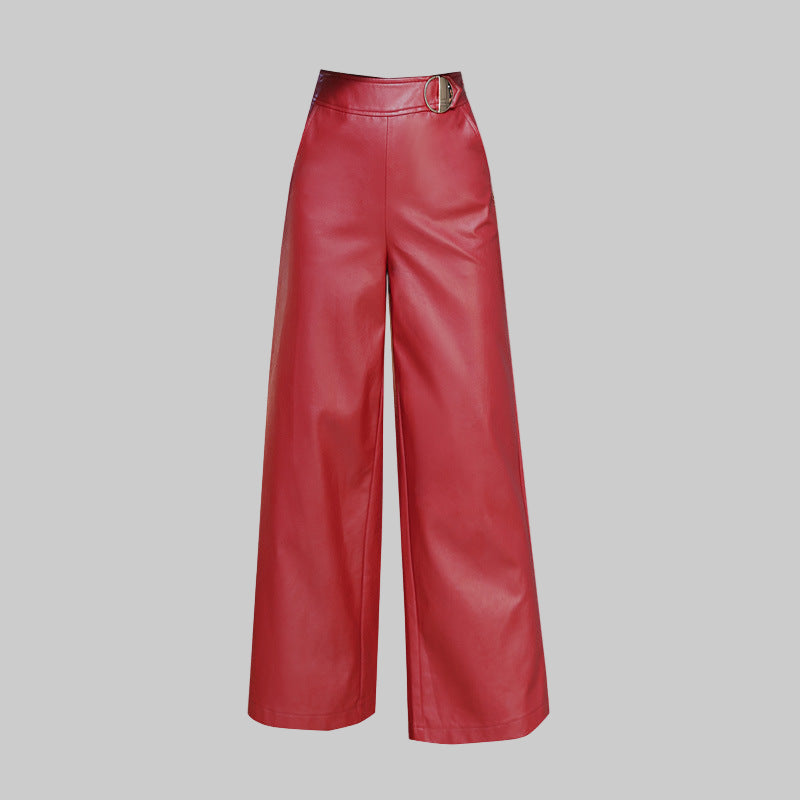 Wide Leg  Women's Straight-leg Trousers Leather Pants - Modestly Vogue 