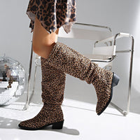 Fashion Square Toe Chunky Heel High Heel Leopard Print Boots - Modestly Vogue 