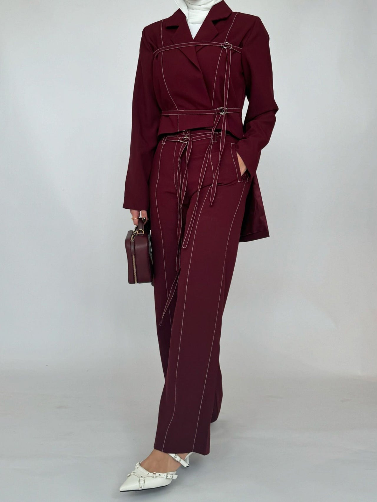 Chic Burgundy Two-Piece Set | Women's Notched Collar Long Style - Modestly Vogue 