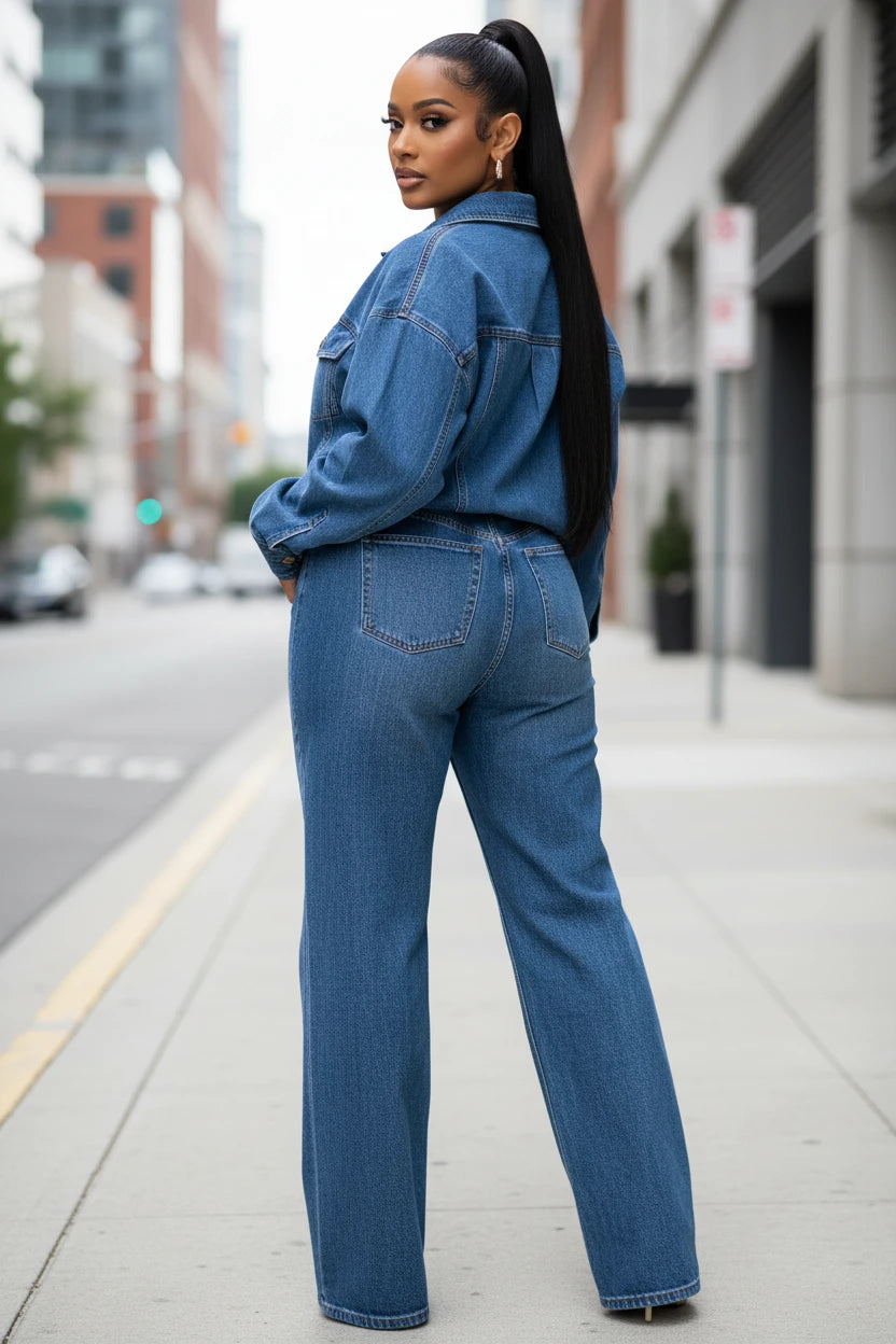 Long Sleeve Denim Jumpsuit – Women’s Casual One-Piece - Modestly Vogue 