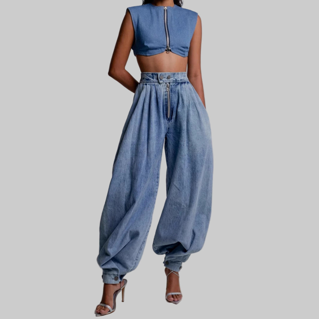 High Waist Zipper Denim Loose Harem Pants
