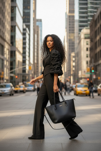Office Casual Large Collared Pleated Sleeves Work Pant Two Piece Sets - Modestly Vogue 
