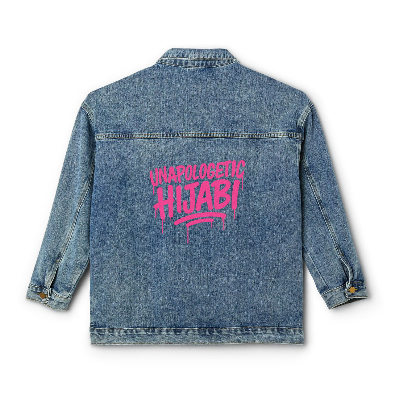 Women's Denim Jacket — "Unapologetic Hijabi" Pink Graphic Back