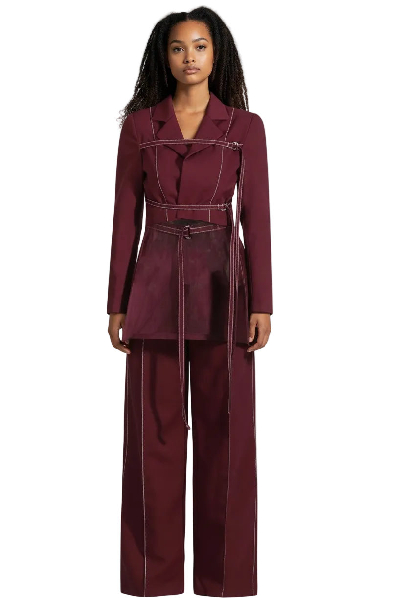 Chic Burgundy Two-Piece Set | Women's Notched Collar Long Style - Modestly Vogue 