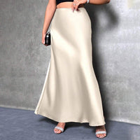 Women's Elegant Satin High Waist Flared Midi Skirt Cocktail Party Wedding Long Skirt - Modestly Vogue 