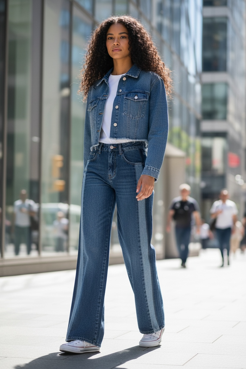 Women Denim Jacket Mid Waist Wide Leg Jeans Sets Women - Modestly Vogue 